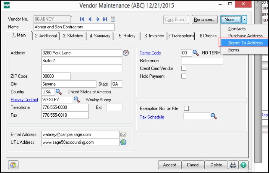 Migrate RemitToAddress from Sage 50 US (Peachtree) to Sage 100 ERP