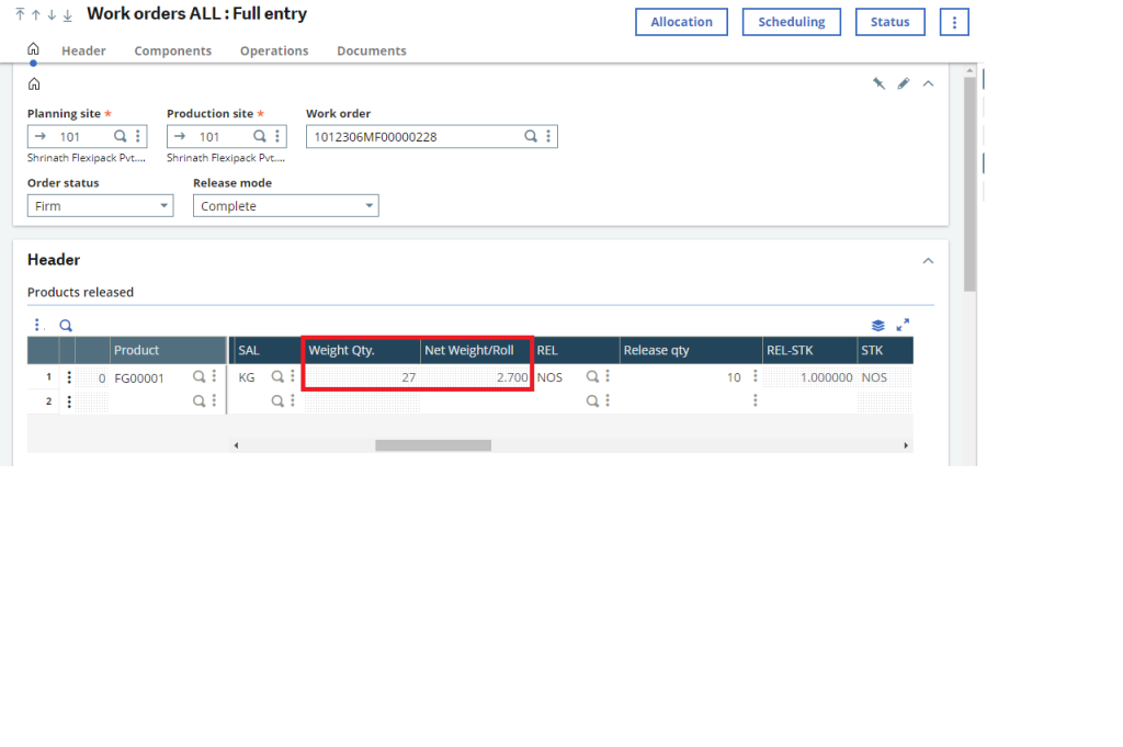 Fig 3: Work order – Header Tab