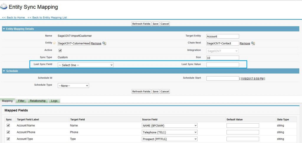 Entity Sync Mapping Last Sync Field