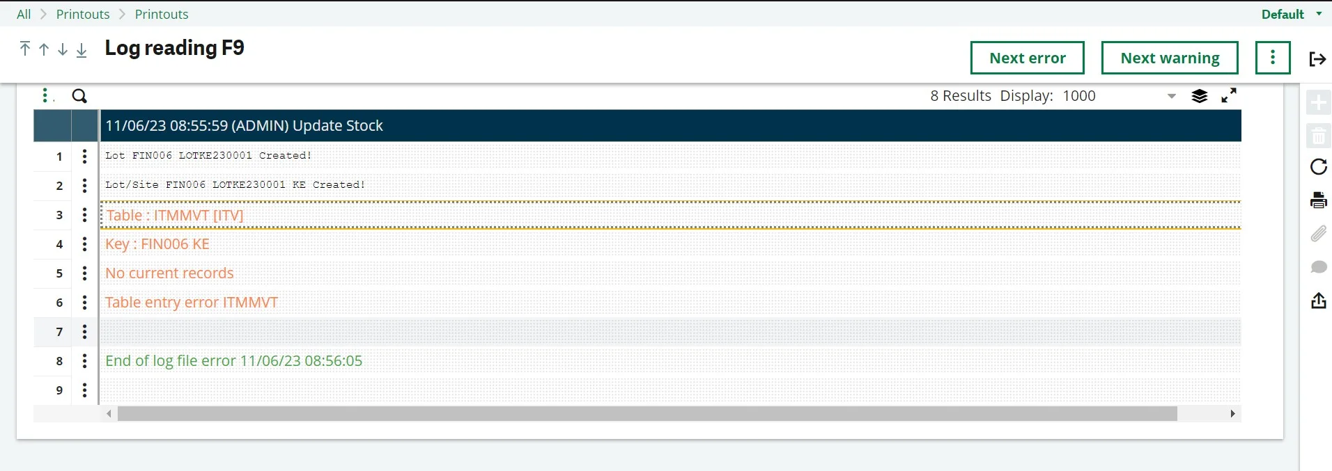 No current records Table entry error ITMMVT Image- 1