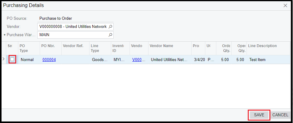 Purchase order in Acumatica Order