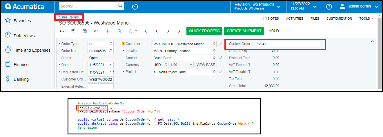 01 CustomOrderNbrFieldWith5CharacterLength