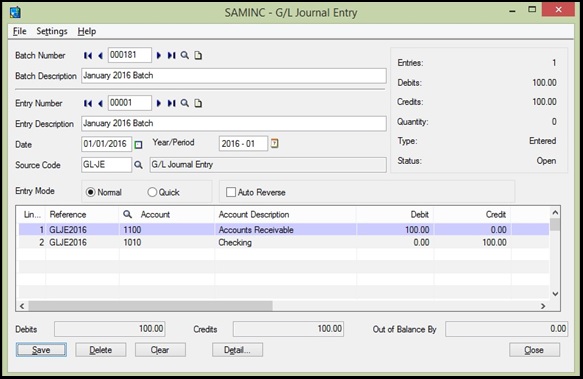 Sage 300 ERP Accounts Transactions screen