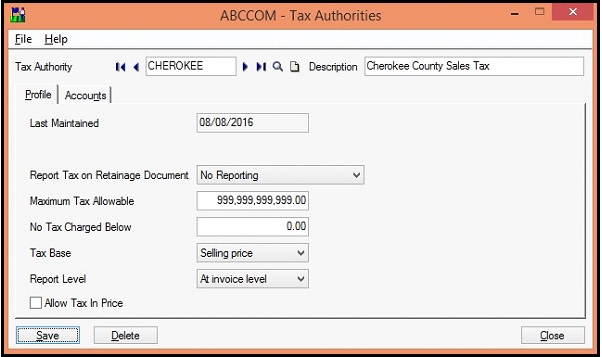 Sage 50 Tax Authority Screen