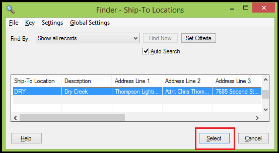 Customer Ship top Address => Select