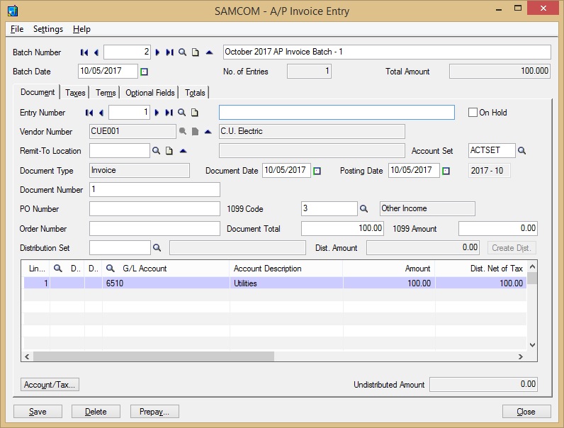 Sage 300 AP Invoice screen