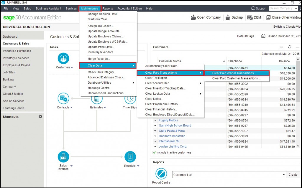 Sage 50 Purging screen