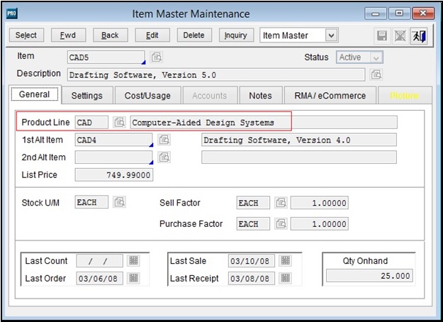 Product Line assigned to Item Master