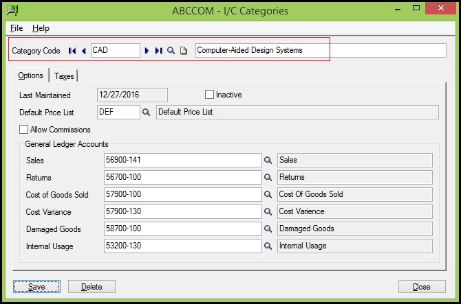 Sage 300 Category Code Screen