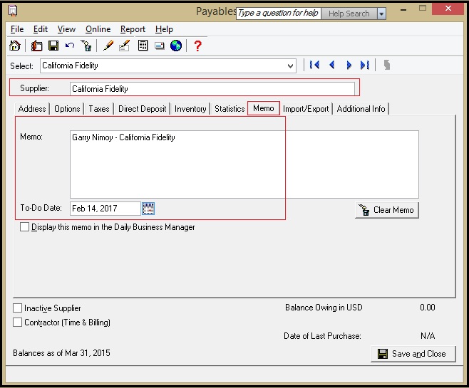 Sage 50 CAD Vendor Memo Details