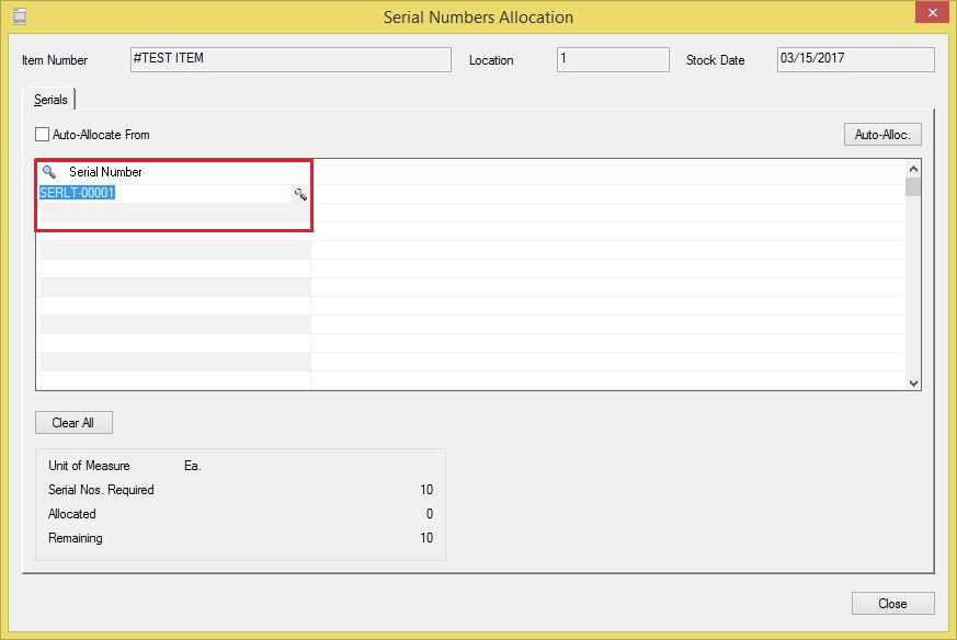 Serial Number Allocation Screen