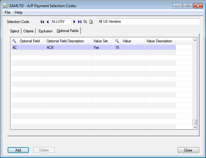 AP payment selection optional field tab