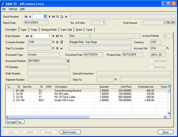AR-Invoice Entry screen