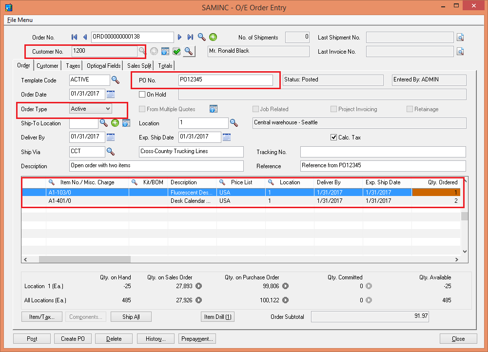 OE Order Entry screen