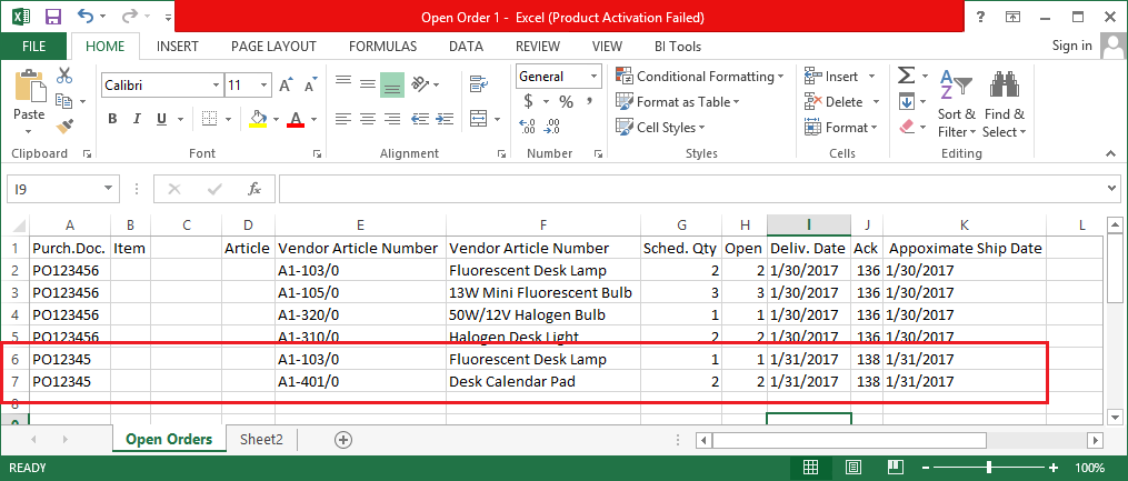 Excel file generated