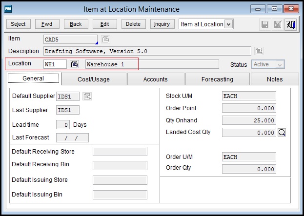 Sage Pro Item Location maintenance