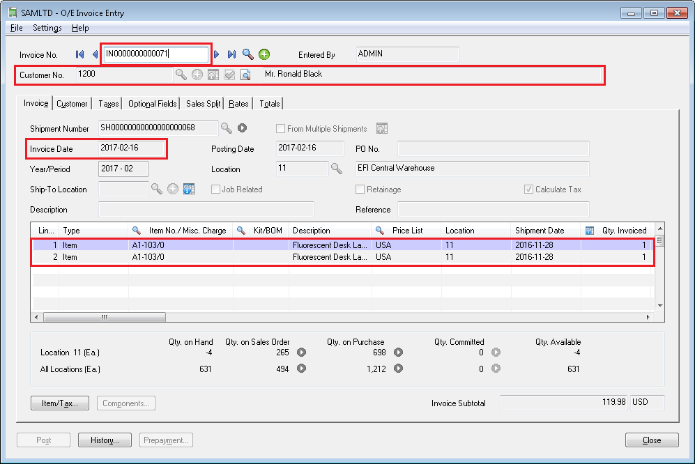 Invoice entry 