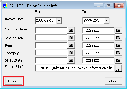 Export Invoice info screen