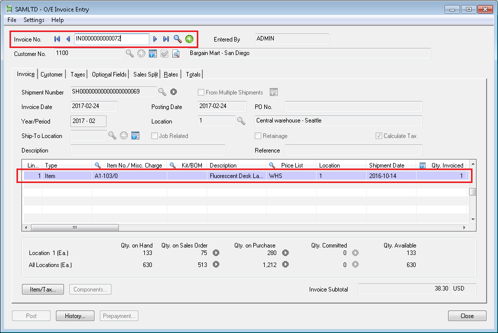 OE Invoice entry