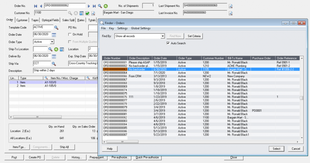 Sage 300 Order Finder with hidden completed orders