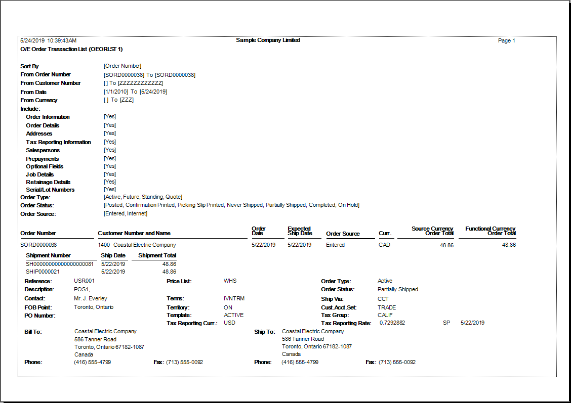 Report on OE Transaction Lists