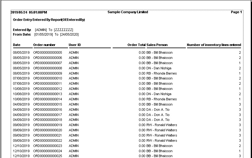 Order entry report