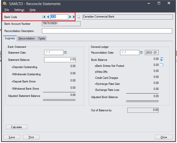 Bank Code check on Reconcile screen