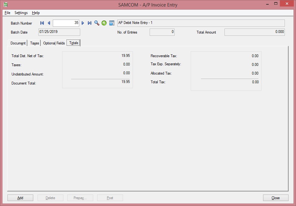 Sage 300 Debit Note Total