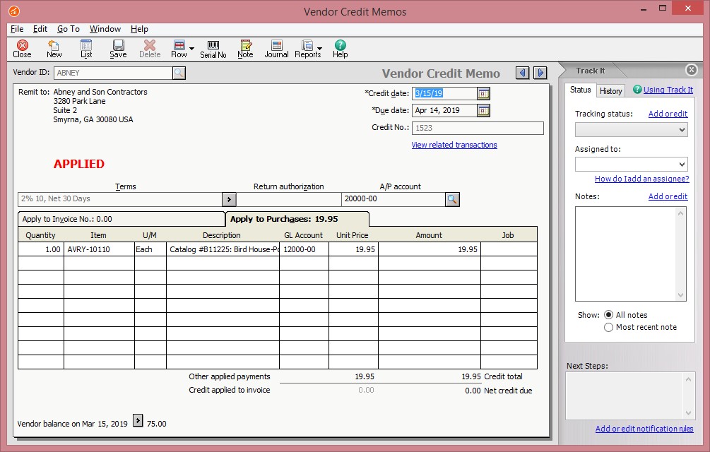 Sage 50 Credit Note Screen