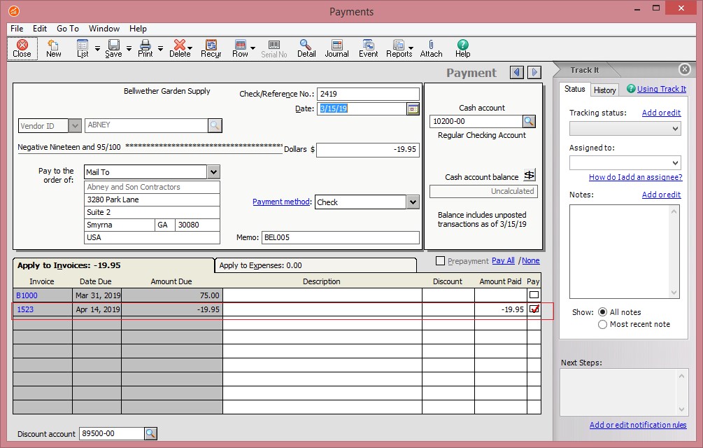 Sage 50 Payment Screen