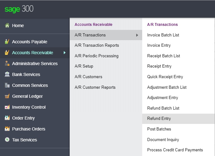 A/R Transactions-> Refund Entry” class=”wp-image-26770″/></figure>



<p><p style=