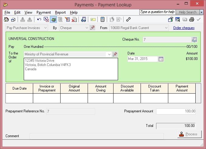 Sage 50 CAD Prepayment Screen