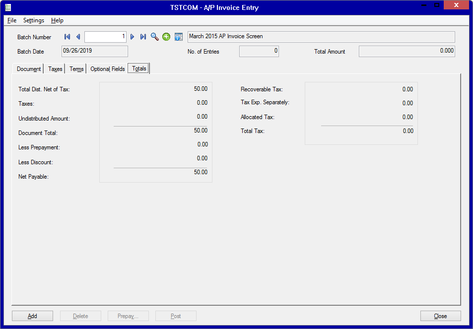 Sage 300 AP Invoice Total Screen