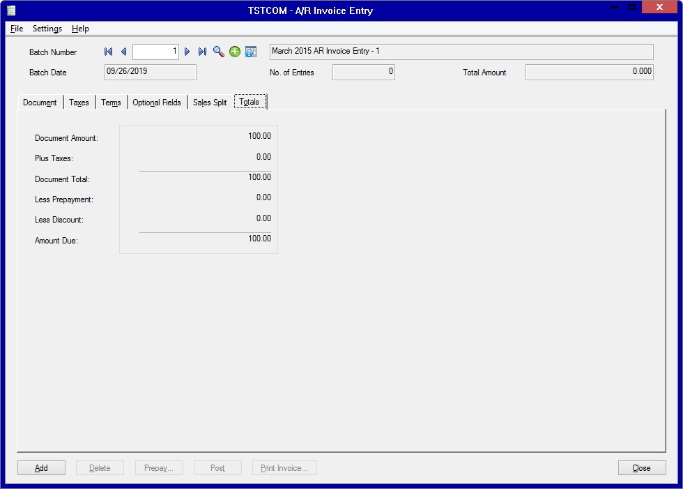 Sage 300 AR Invoice Total Screen