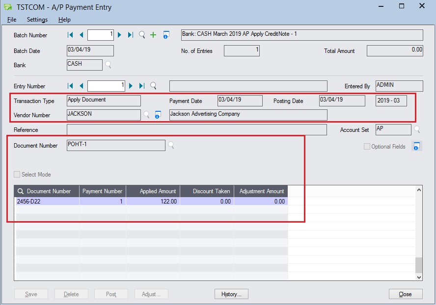 Sage 300 ERP AP Apply Credit Note