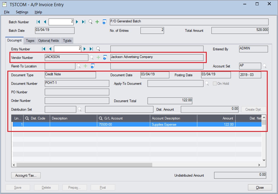 Sage 300 ERP AP Credit Note