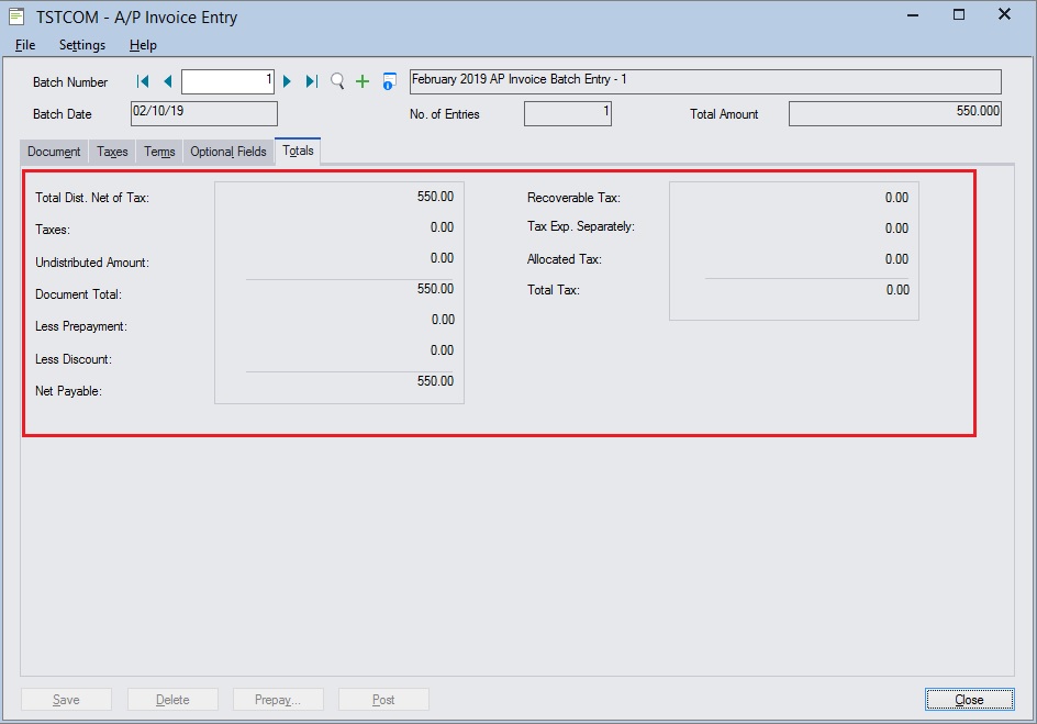 Sage 300 ERP AP Invoice (Totals tab)