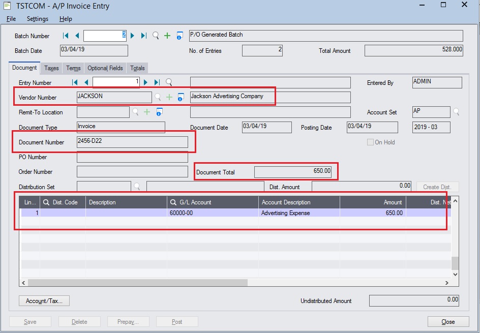 Sage 300 ERP AP Invoice