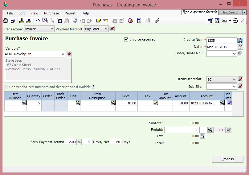 Sage 50 CAD AP Invoice Screen