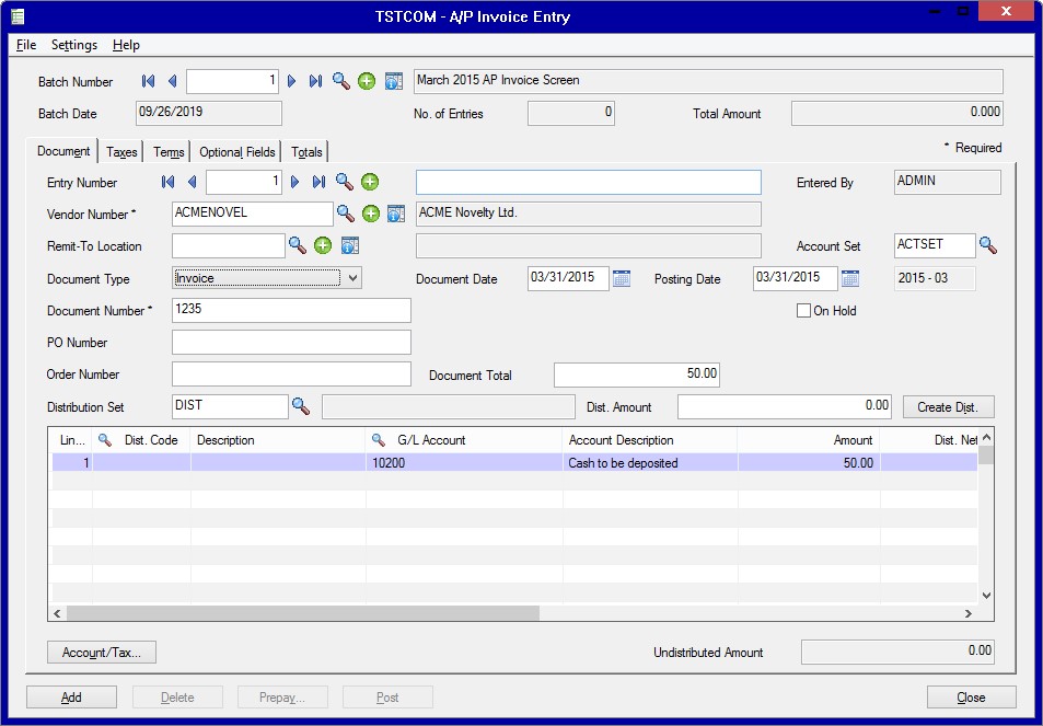 Sage 50 CAD AP Invoice