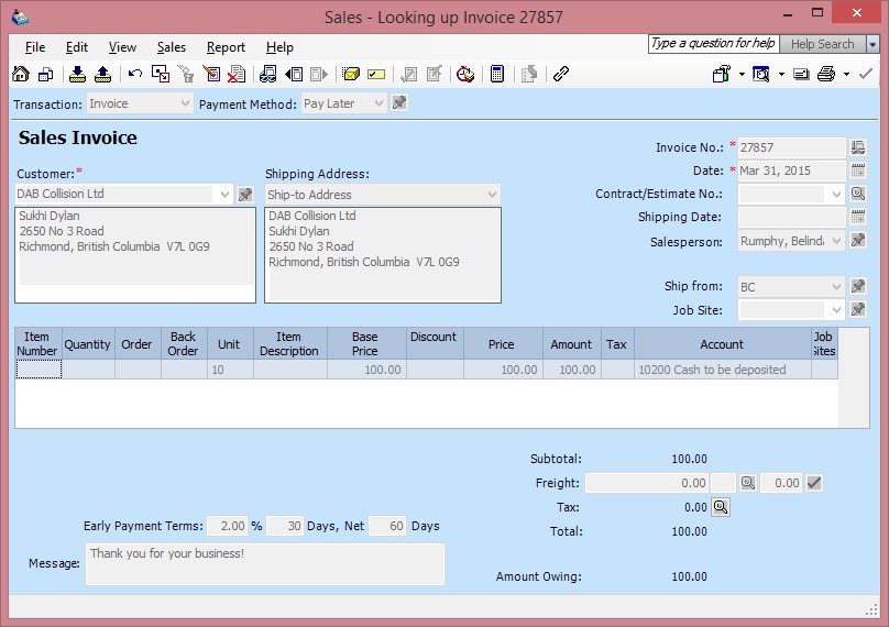 Sage 50 Sales Invoice Screen