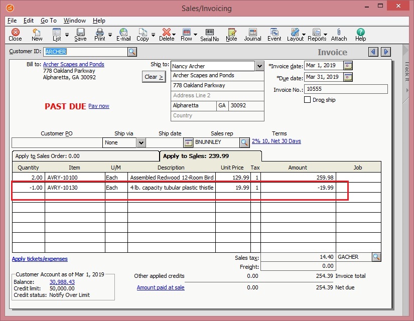 Sage 50 US Invoice with Negative Line