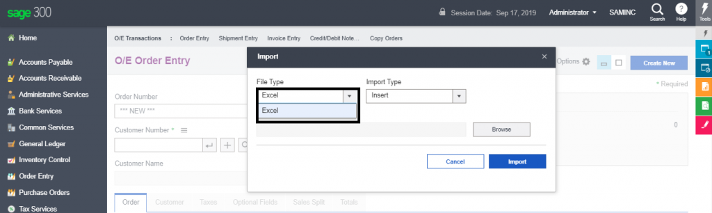 OE Transaction Import Screen