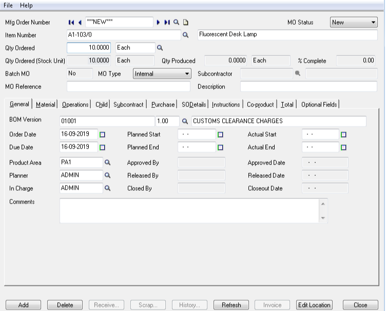 Manufacturing Order entry