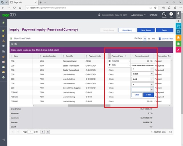 Cash Payment filter