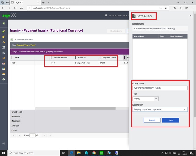 Save Custom Query for Cash Payment