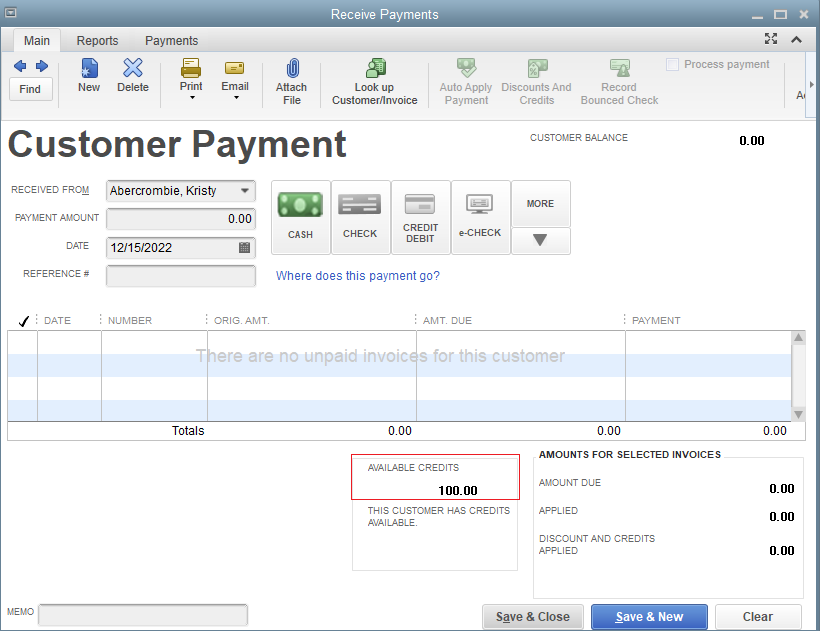 QuickBooks Customer Payment screen