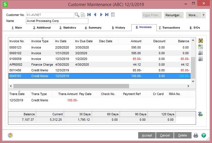 Sage 100 Customer Credit memo screen