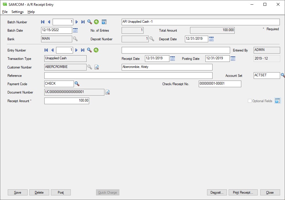 Sage 300 Unapplied cash screen