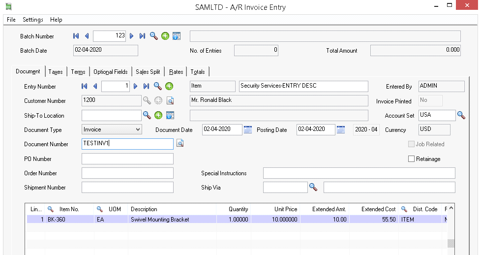 AR Invoice Entry Screen AR Invoice Entry Screen